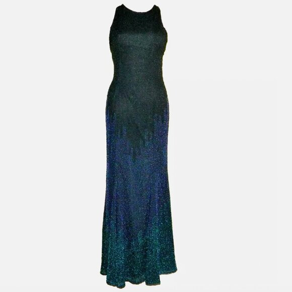 Cassandra Stone Fully Beaded Black Blue Ombre Silk Evening Gown - Size 2 - Picture 2 of 11